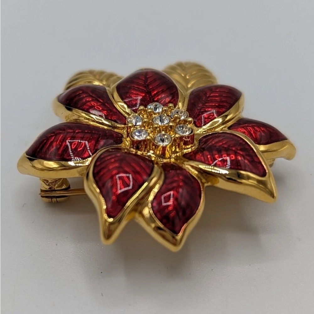 Monet Red and Gold Rhinestone Poinsettia Brooch - Picture 5 of 10